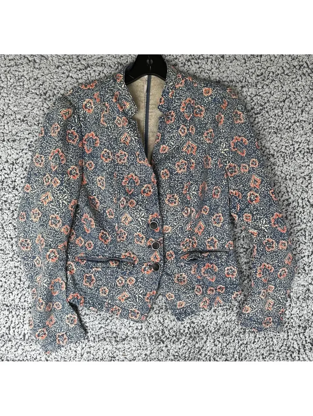 Free People Floral Print Structured Blazer Jacket Size 8 Blue Pink Boho Cotton